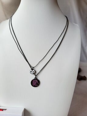 Karl Lagerfeld Black Layered Necklace with Pink Crystal Post Earrings